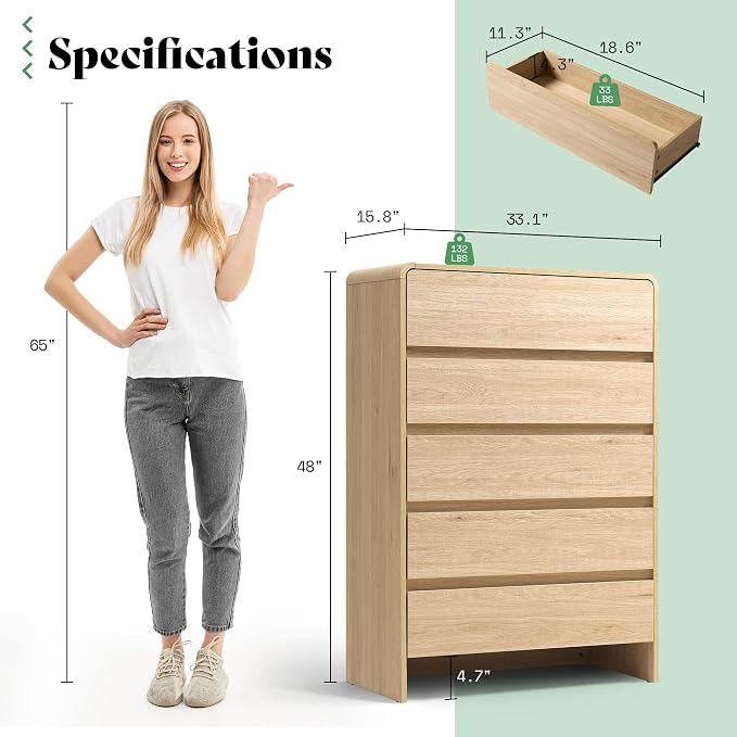 AMERLIFE 5 Drawer Dresser for Bedroom, Anti-Tip Kit, Wood Cabinet Organizer for - Image 2