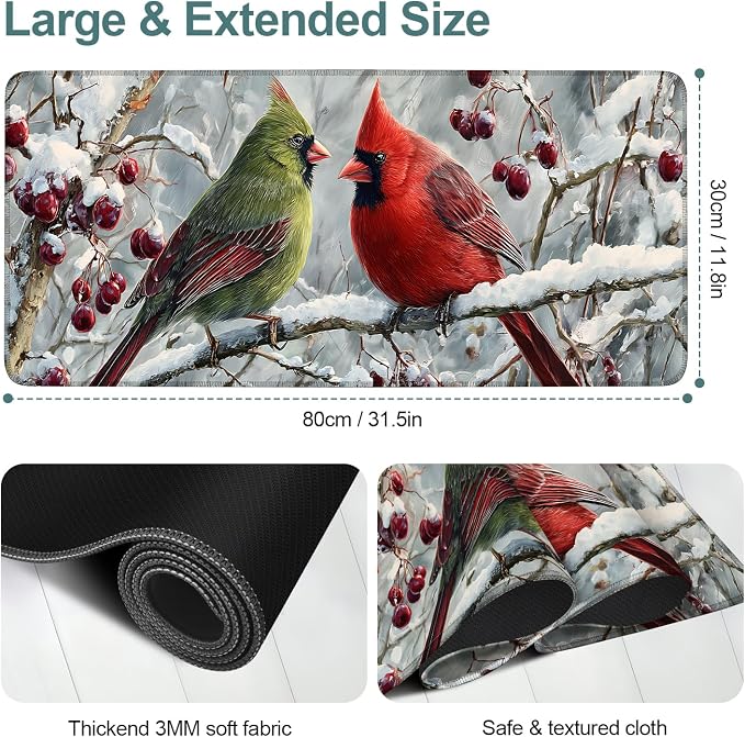 Winter Cardinal Bird Gaming Mouse Pad 31.5"x11.8"Desk Mat Anti-Slip Rubber Base - Image 2