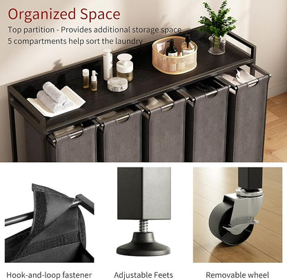 Laundry Hamper with Shelf, Laundry Basket 5 Section, Laundry Sorter with - Image 3