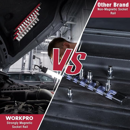 WORKPRO Magnetic Socket Organizer Set, 3-Piece Aluminum Alloy Socket Rail - Image 3