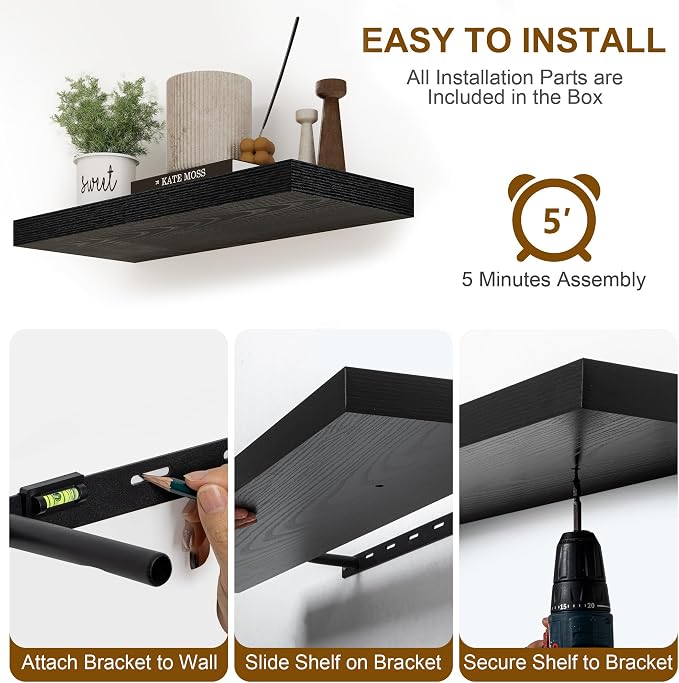 Fun Memories Rustic Black Floating Shelves 24 Inch Long, 8 Inch Deep Floating - Image 7