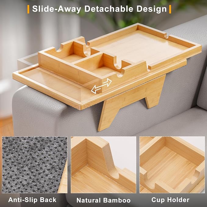 Bamboo Couch Cup Holder Tray - 2 in 1 Couch Armrest Table - Sofa Armchair Caddy - Image 2