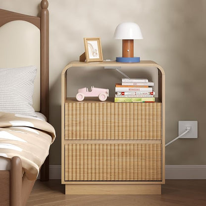 Dresser with 2 Drawers and Charging Station, Fluted Bedside Table with Round - Image 6