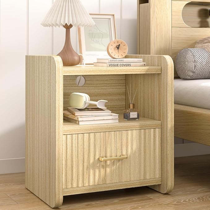 Night Stand with Charger Station, Fluted Nightstands Set of 2 with Drawer - Image 4