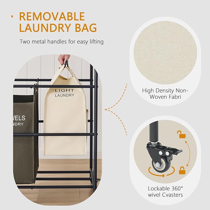 Laundry Sorter 3 Section, Laundry Hamper Cart - Image 3