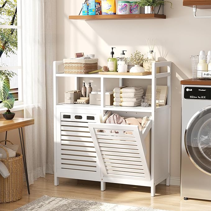 Homykic Tilt Out Laundry Hamper Cabinet, Bamboo Double Laundry Hamper - Image 3