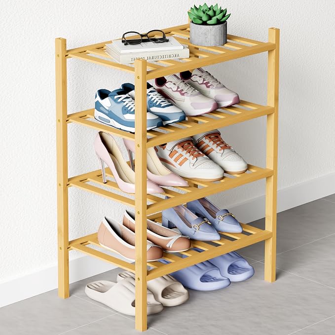 Smiry Bamboo Shoe Rack for Closet, 4 Tier Small Wooden Stackable Shoe Organizer by Smiry