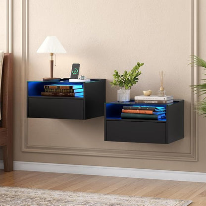 Loomie Black Floating Nightstands Set of 2, 18.9” Bedside Table w/Charging by LOOMIEDirect