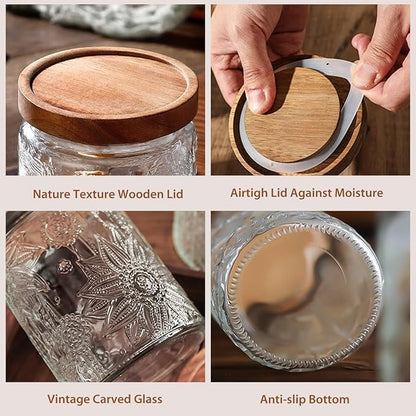 24 OZ Glass Storage Jar with Airtight Bamboo Wooden Lids, Vintage Food - Image 4