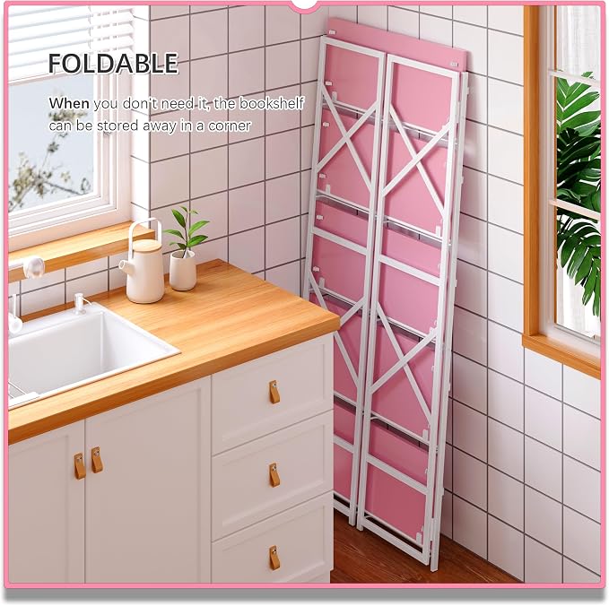 4NM 5 Tiers No Assembly Book Shelves, 51.2" H Folding Bookshelf Bookcase Open - Image 4
