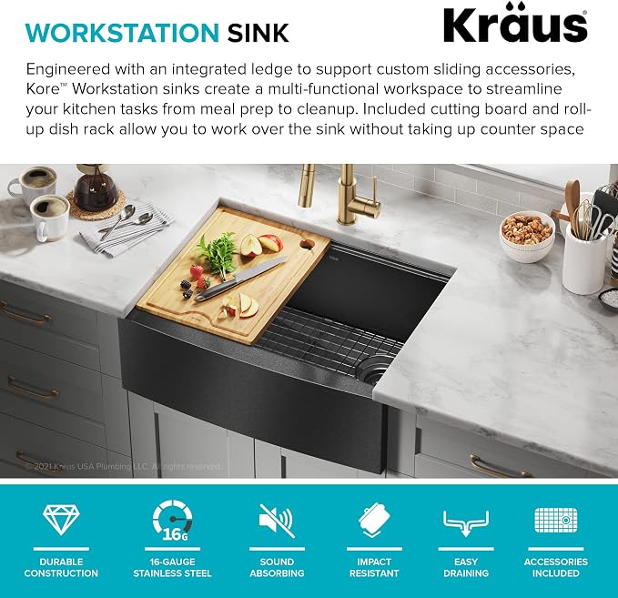 KRAUS Kore Workstation 27-inch Farmhouse Apron Front 16 Gauge Black Stainless - Image 3