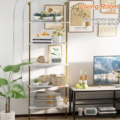 5 Tiers Ladder 2-Piece Shelf White Marble Modern Bookshelf Open Tall Wall Mount - Image 8