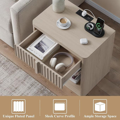 Fluted Nightstand with Charging Station, 23.6" End Table with Solid Wood Handle - Image 5