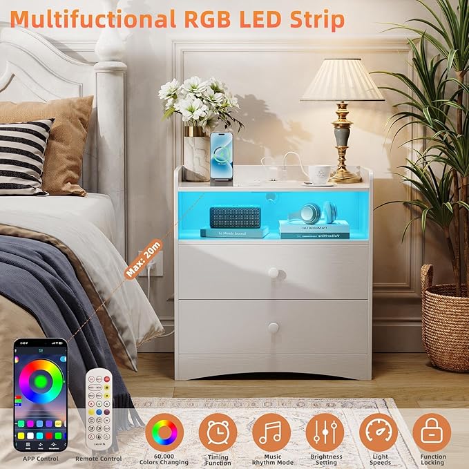 Nightstand with Charging Station and LED Light, Modern Nightstand with USB - Image 3
