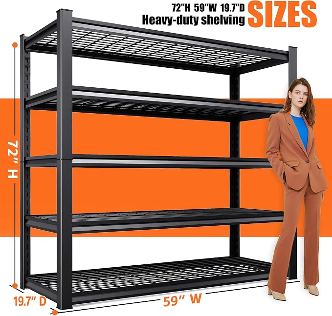 72" H Heavy Duty Garage Shelving 5-Tier Storage Shelves, Adjustable Metal - Image 3