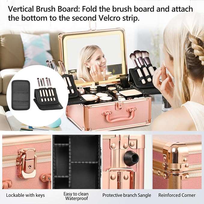 Rose Gold Makeup Case with Lighted Mirror, Detachable LED Mirror, Travel Makeup - Image 7
