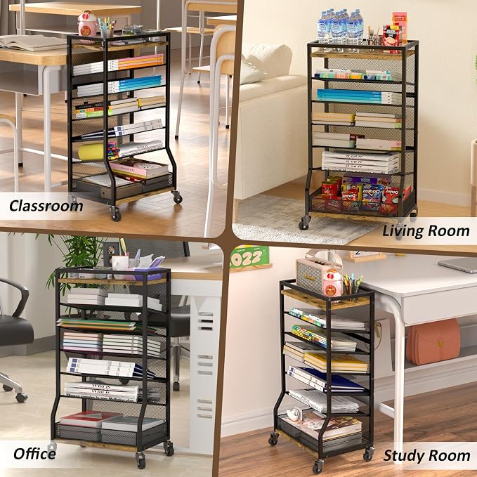 7 Tier Rolling File Cart with Sliding Trays, Wood Metal File Organizer Beside - Image 8