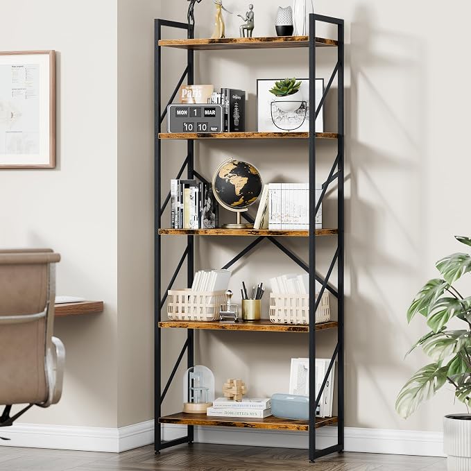 Vongrasig 5 Tier Bookshelf, Modern Tall Bookcase, Industrial Book Shelves - Image 3