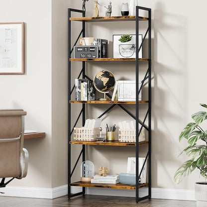 Vongrasig 5 Tier Bookshelf, Modern Tall Bookcase, Industrial Book Shelves - Image 3