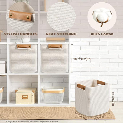 danpinera Set of 3 11 Inch Storage Baskets, Cube Storage Bins, Square Cotton - Image 2