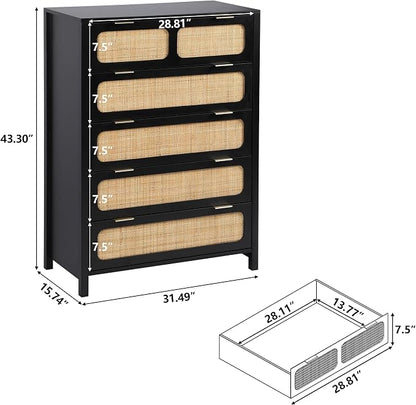 5 Drawer Dresser with Rattan Finish, Modern Farmhouse Chest of Drawers with - Image 2