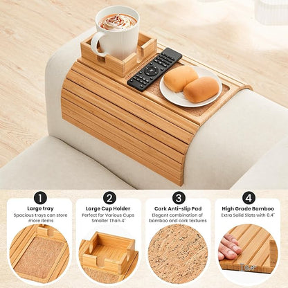 Bamboo Couch Cup Holder, Foldable Sofa Arm Tray, Anti-Slip Couch Aremrest Tray - Image 2