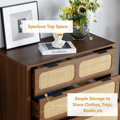 5 Drawer Dresser with Rattan Finish, Modern Farmhouse Chest of Drawers with - Image 9