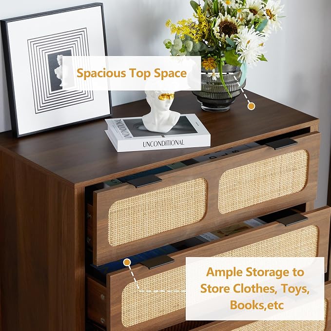 LEVNARY 5 Drawer Chest Dresser, Rattan Tall Dresser 5 Chest of Drawers Dressers - Image 5