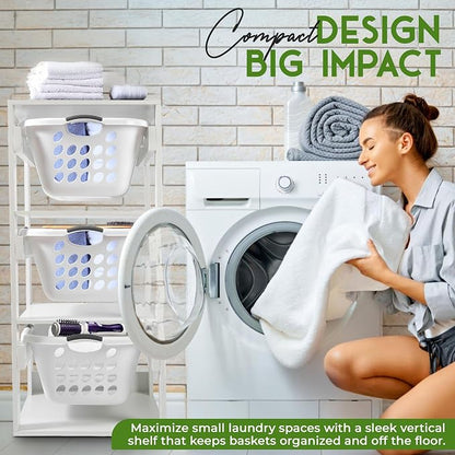Laundry Basket Holder Shelf – Stackable Engineered Wood Laundry Tower, Tiered - Image 5