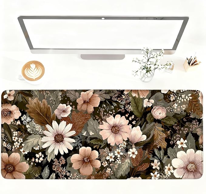 Vintage Beige Floral Mouse Pad – Large Extended Desk Mat 35.43 x 15.75 in – by LEIWEIHOPE