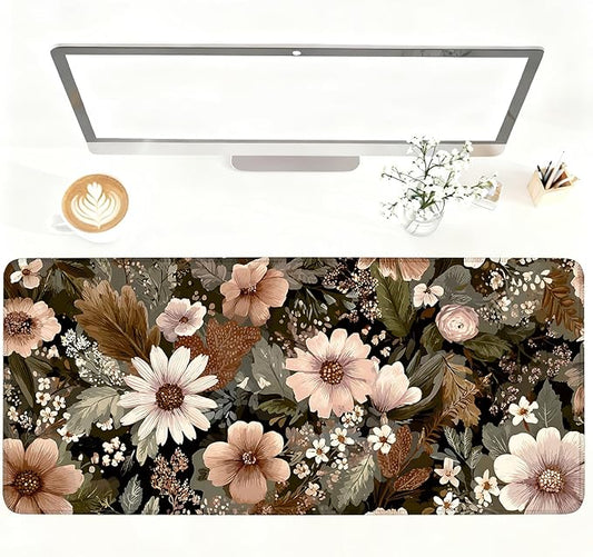 Vintage Beige Floral Mouse Pad – Large Extended Desk Mat 35.43 x 15.75 in – by LEIWEIHOPE