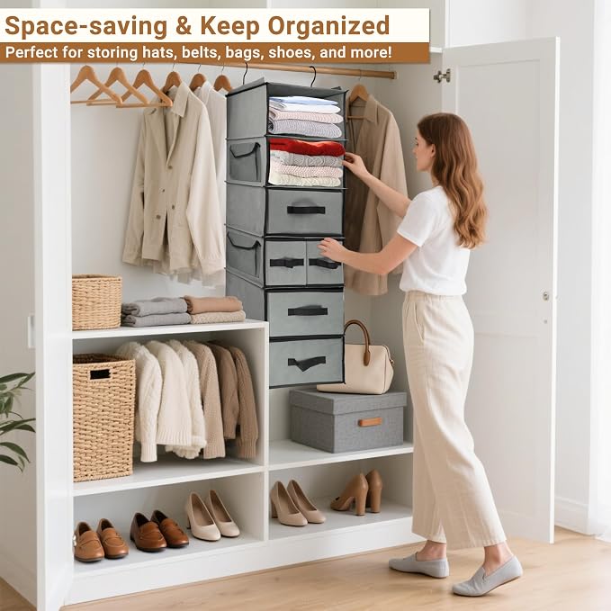 6-Tier Hanging Shelves with 5 Drawers & 3 Side Pocket, Durable Fabric Hanging - Image 7