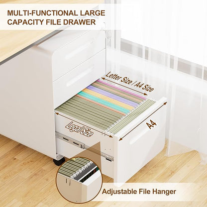 3 Drawer File Cabinet with Lock and 4 Keys, Mobile Metal Filing Cabinet - Image 7