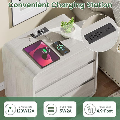White Nightstand Set of 2 with Charging Station, 23.2" Wide Wood Bedside Table - Image 3