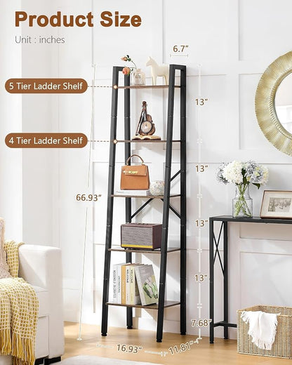 Hoctieon 5-Tier Industrial Ladder Bookshelf, Narrow Ladder Shelf, Tall Standing - Image 2