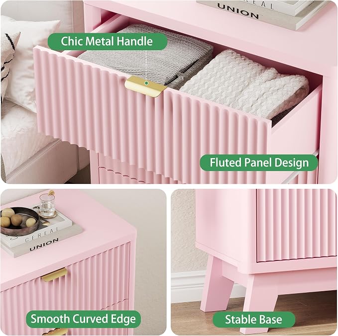 Fluted Nightstand with 3 Storage Drawers, Mid Century Modern Wooden Side Table - Image 5