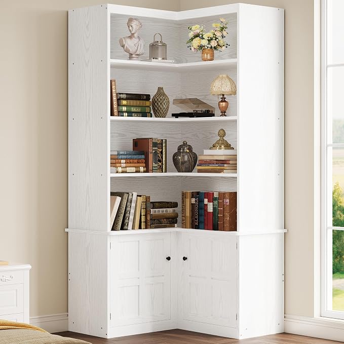 IRONCK Corner Bookshelf with Doors, 6 Tier Bookcase with Storage, Corner Shelf by IRONCK