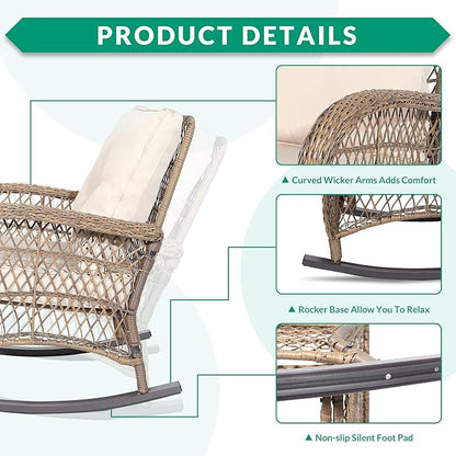 VIVIJASON 3-Piece Outdoor Conversation Bistro Set, Patio Wicker Rocking Chairs - Image 3