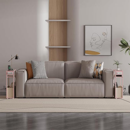 Pink Side Table with Charging Station, Slim End Tables with Linen Basket - Image 5