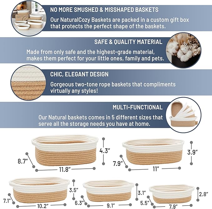 NaturalCozy 5-Piece Rectangle Storage Basket Set- Natural Cotton Rope Woven - Image 2