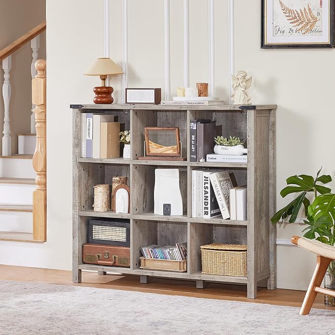 9 Cube Bookcase, Farmhouse 47 Inch Wide Grey Oak Bookshelf, Wooden 3 Tier - Image 6