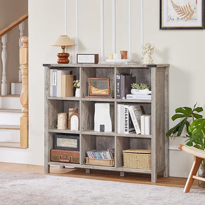 9 Cube Bookcase, Farmhouse 47 Inch Wide Grey Oak Bookshelf, Wooden 3 Tier - Image 6
