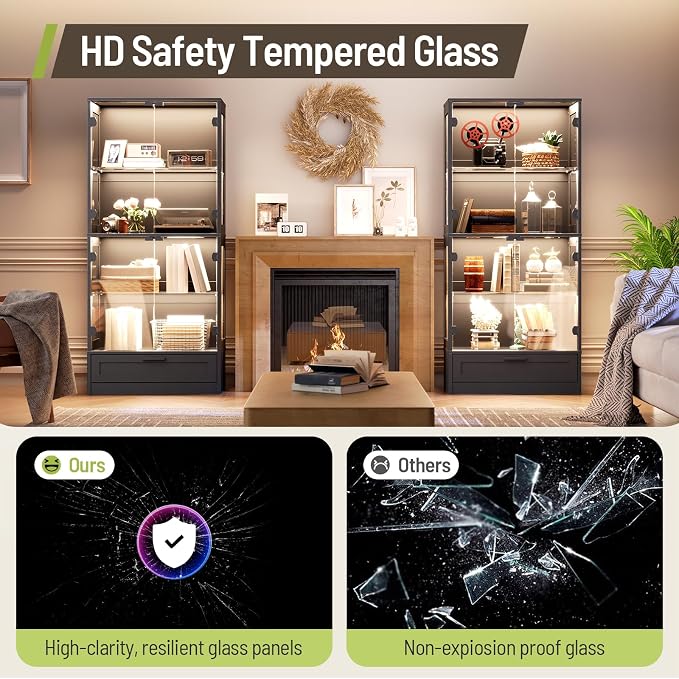Display Cabinet with Glass Doors, 3 Color Lights, Auto-On Sensor, 4 Tempered - Image 7