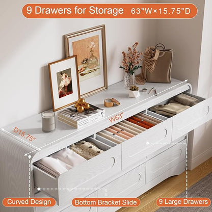 Dresser for Bedroom with 9 Drawers, Wood Closet Clothes Storage Long Dressers - Image 3