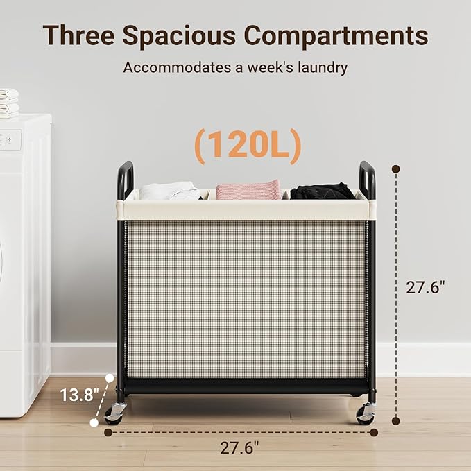 ELYKEN Laundry Hamper 3 Section, 120L Rolling Laundry Sorter - Image 3