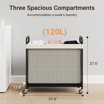 ELYKEN Laundry Hamper 3 Section, 120L Rolling Laundry Sorter - Image 3