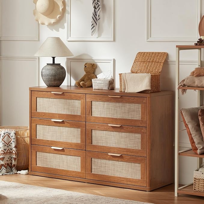 LEYAOYAO Rattan Dresser for Bedroom Set of 2, Boho 48" Wide 6 Drawer Dresser - Image 5