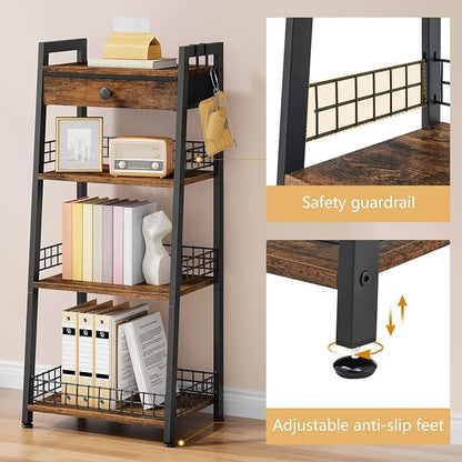 4-Tier Ladder Shelf with Drawer, Bathroom Stand Floor Storage Shelf, - Image 4