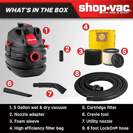 Shop-Vac 5 Gallon 6.0 Peak HP Portable Wet/Dry Vacuum, 1-1/2 Inch Diameter x 8 - Image 5