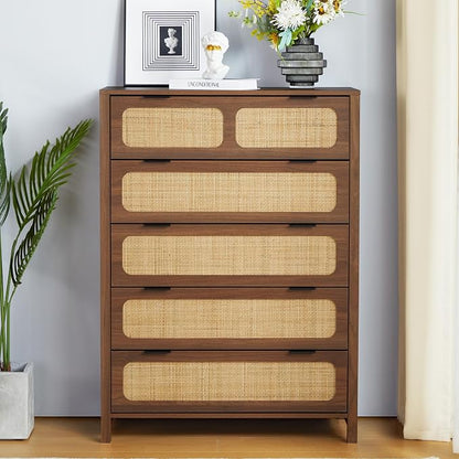5 Drawer Dresser with Rattan Finish, Modern Farmhouse Chest of Drawers with - Image 3